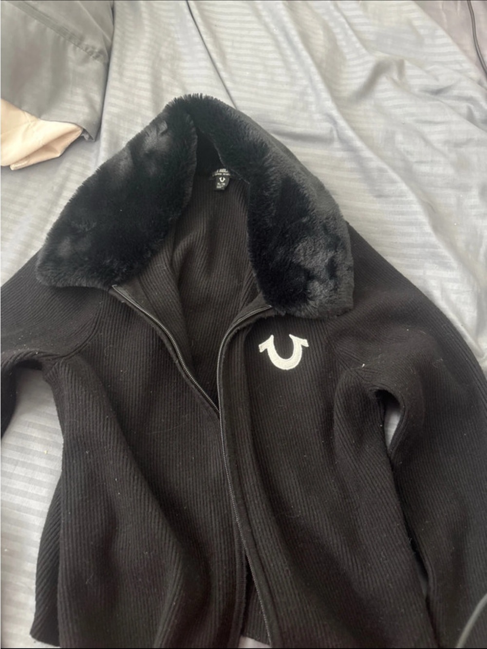 True Religion Black Ribbed Zip Jacket with Faux Fur Collar
